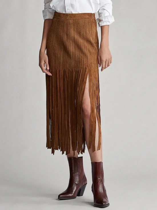 Polo Ralph Lauren 4 Brown Western Fringed Suede Midi Skirt - Picture 1 of 8